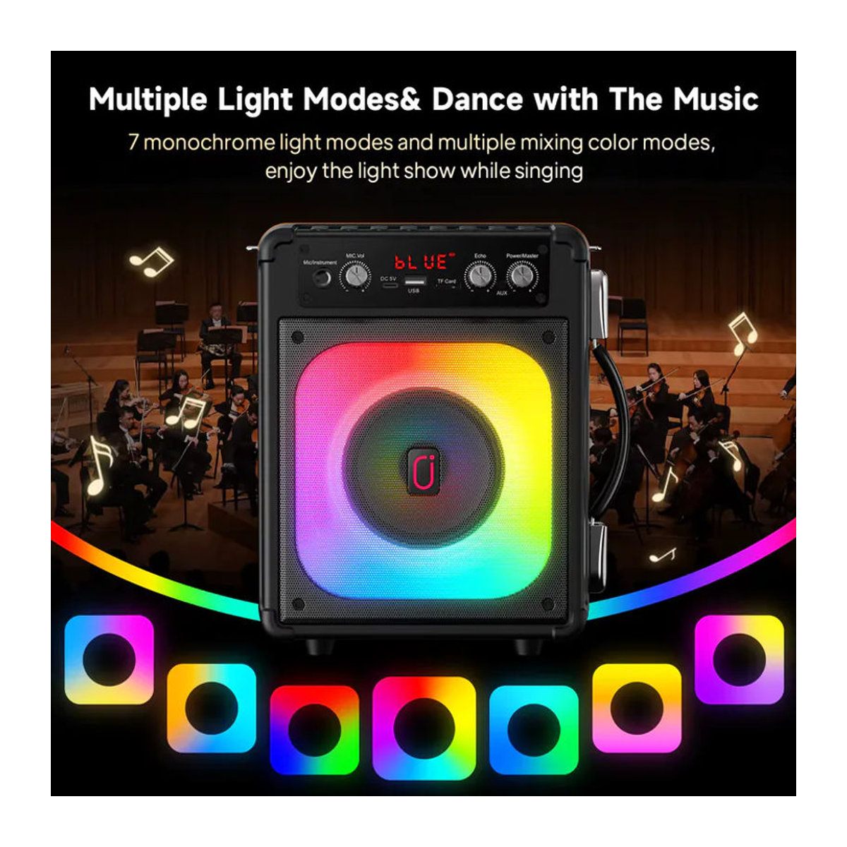 FanFun TX06 Kara Ok Machine mit 2 kabellosen Mikrofonen, tragbarer Bluetooth-Lautsprecher mit Bass- und Höhenregulierung, PA-System, Schwarz - Bild 2