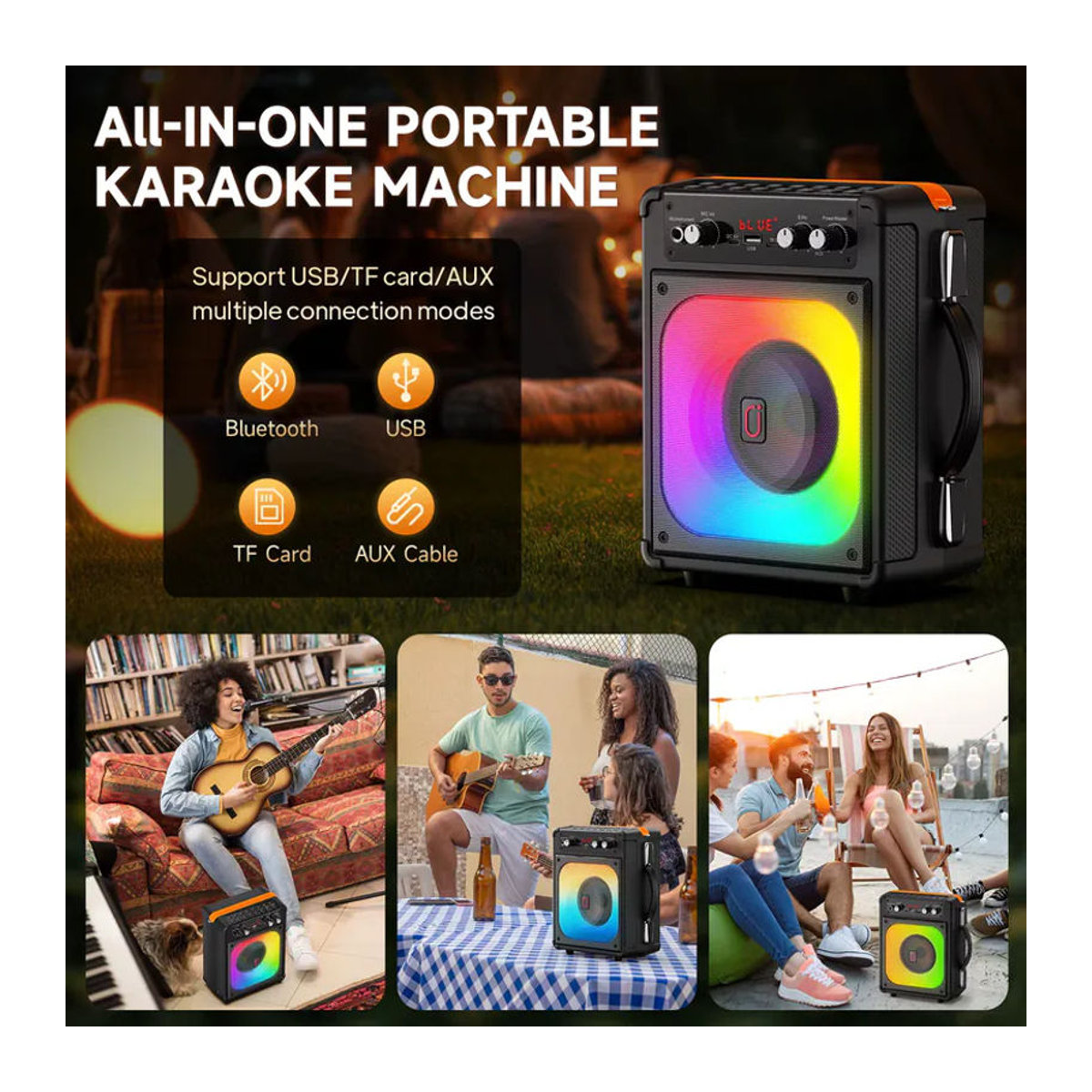 FanFun TX06 Kara Ok Machine mit 2 kabellosen Mikrofonen, tragbarer Bluetooth-Lautsprecher mit Bass- und Höhenregulierung, PA-System, Schwarz - Bild 4