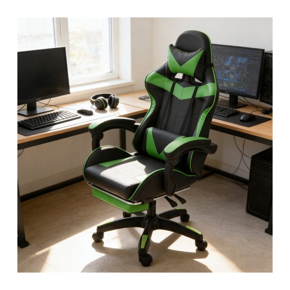 Fangde Gaming-Stuhl Sessel mit Katzenohren und Kopfkissen, höhenverstellbar mit Liegefunktion, Kunstleder, Schwarz/Grün - Bild 1