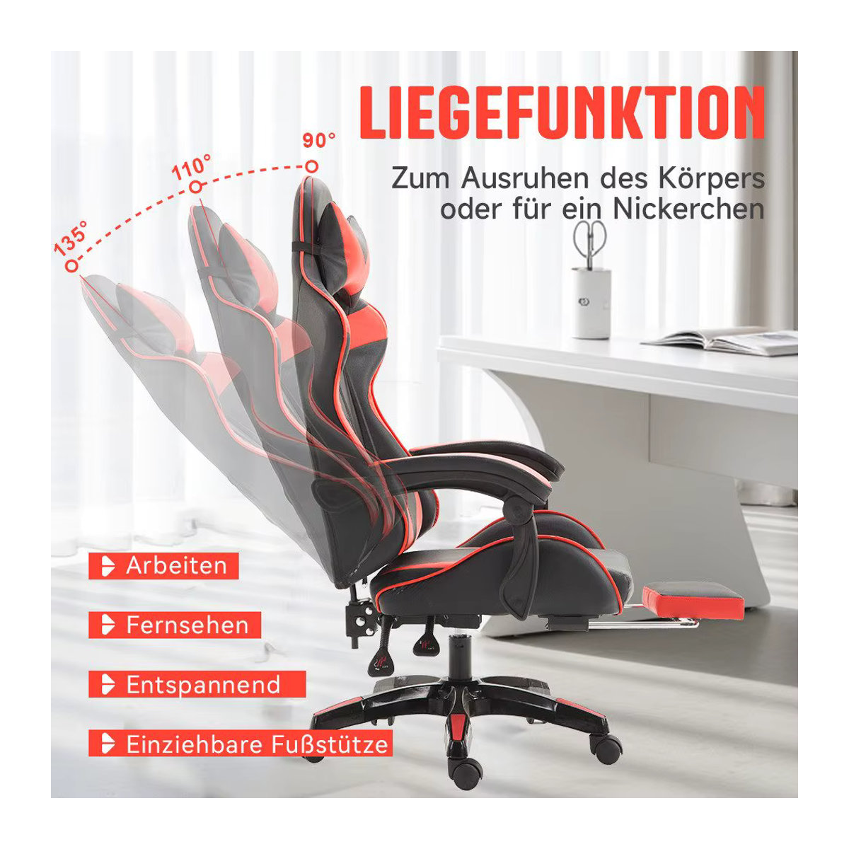Fangde Gaming-Stuhl Sessel mit Katzenohren und Kopfkissen, höhenverstellbar mit Liegefunktion, Kunstleder, Schwarz/Grün - Bild 3