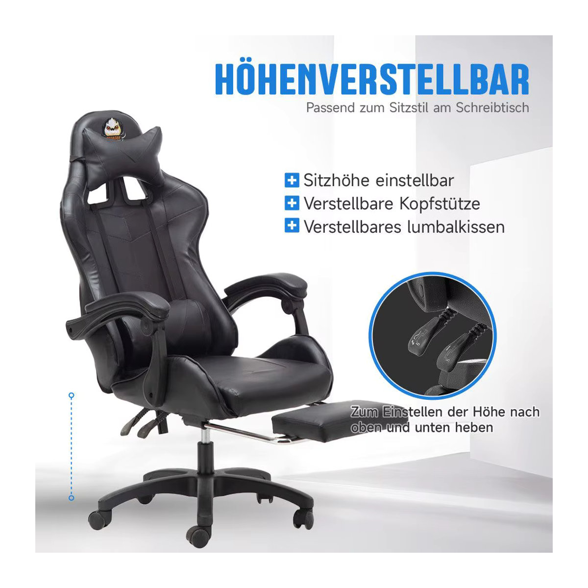 Fangde Gaming-Stuhl Sessel mit Katzenohren und Kopfkissen, höhenverstellbar mit Liegefunktion, Kunstleder, Schwarz/Grün - Bild 5