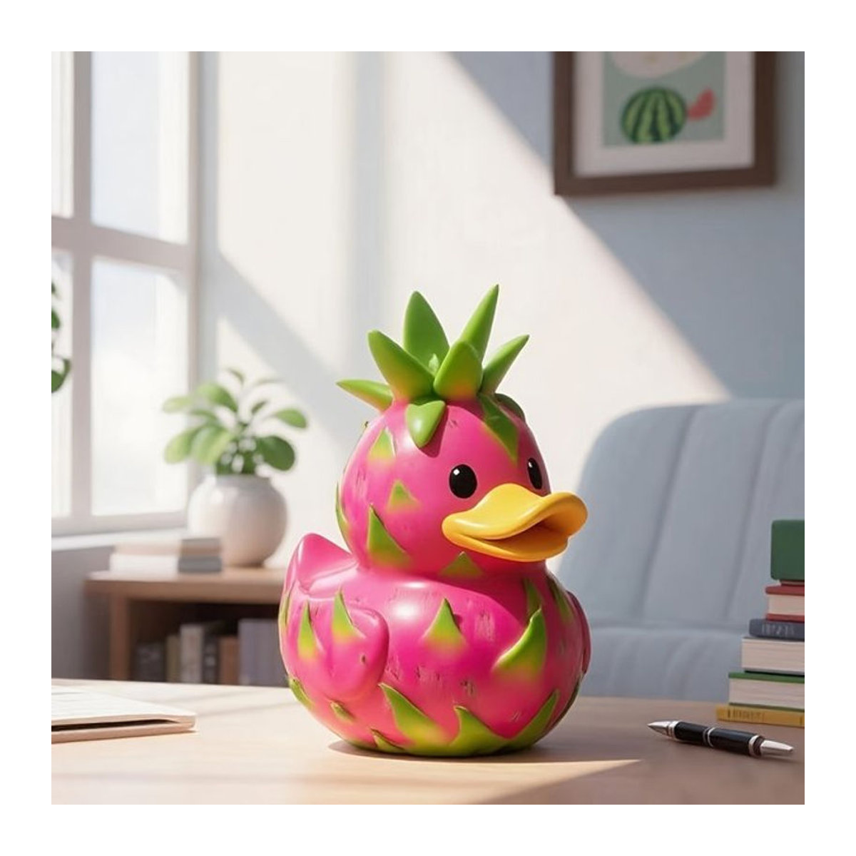 Fantasie-Pitaya-Enten-Harzstatue in Rosa und Grün als dekorative Gartenkunst und Schreibtischfigur - Bild 1