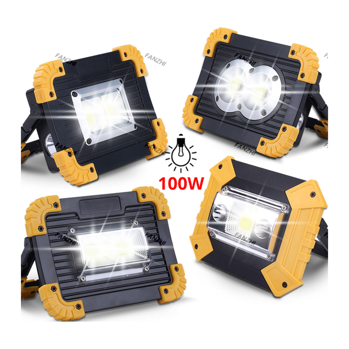 FANZHI Tragbarer LED-Strahler mit 3000 lm, 100 W superhelles Arbeitslicht, wiederaufladbar über USB, LED-Campinglampe mit 18650 Akku - Bild 1