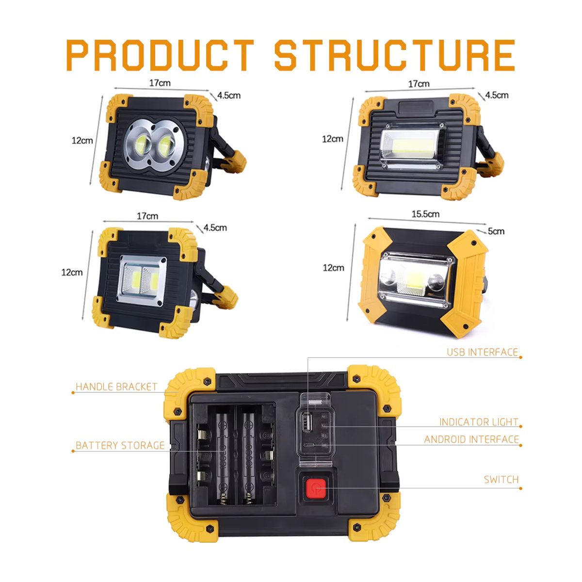 FANZHI Tragbarer LED-Strahler mit 3000 lm, 100 W superhelles Arbeitslicht, wiederaufladbar über USB, LED-Campinglampe mit 18650 Akku - Bild 2