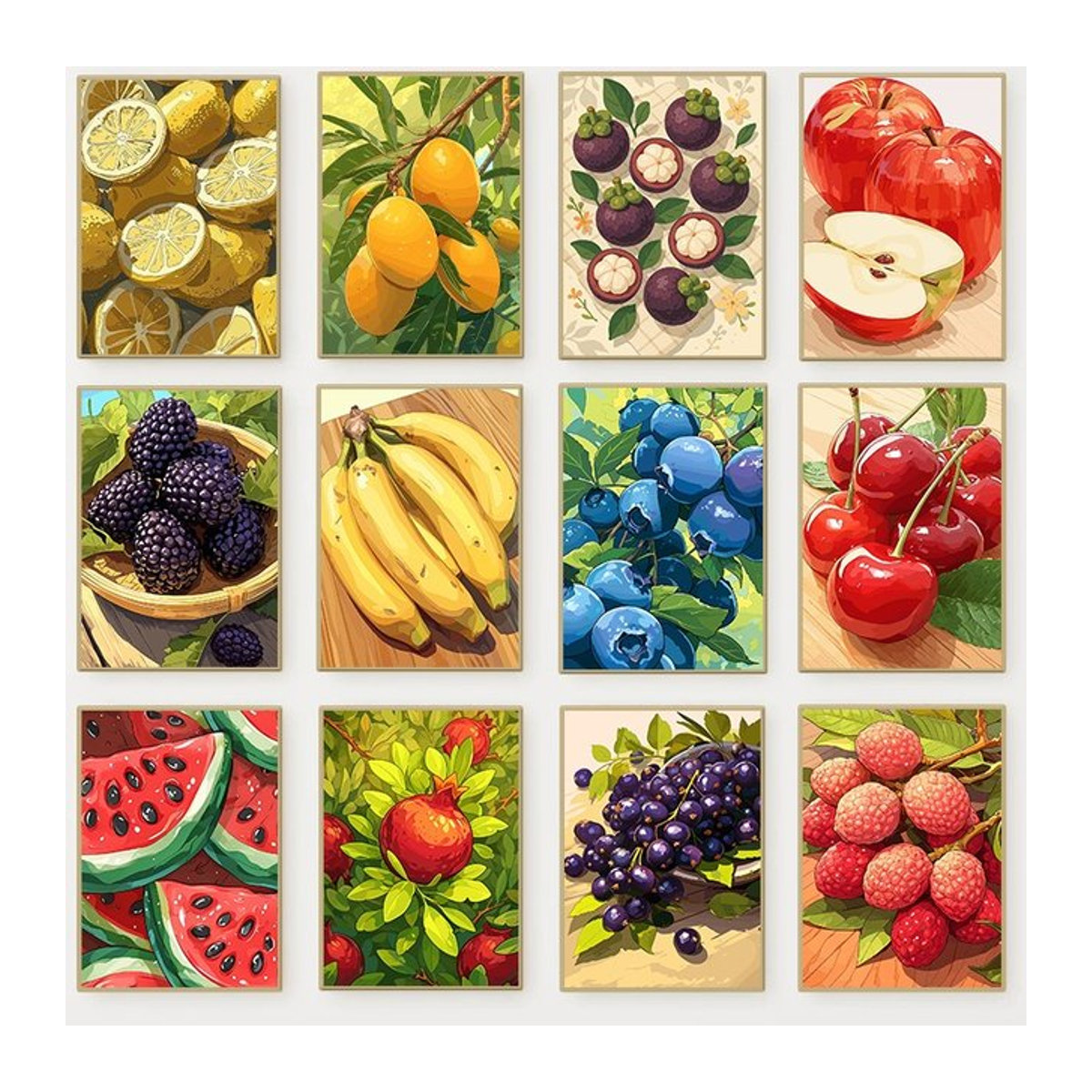 Farbenfrohes Obst-Stilleben Leinwandgemälde Potdemiel mit Banane, Erdbeere, Zitrone und Litschi als mehrfarbige Wandkunst im Hochformat - Bild 1