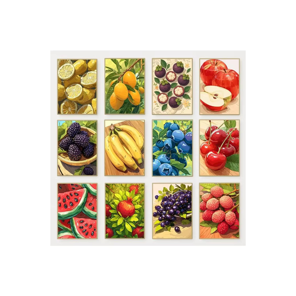 Farbenfrohes Obst-Stilleben Leinwandgemälde Potdemiel mit Banane, Erdbeere, Zitrone und Litschi als mehrfarbige Wandkunst im Hochformat - Bild 2