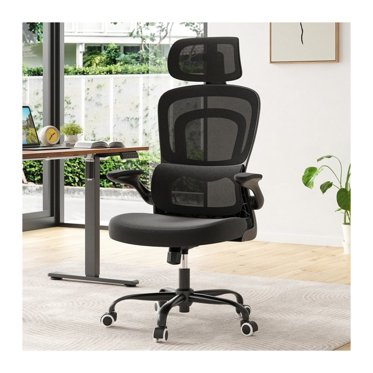 Farini Ergonomischer Büro-Computerstuhl mit Kopfstütze und Rollen, Schwarz - Bild 1