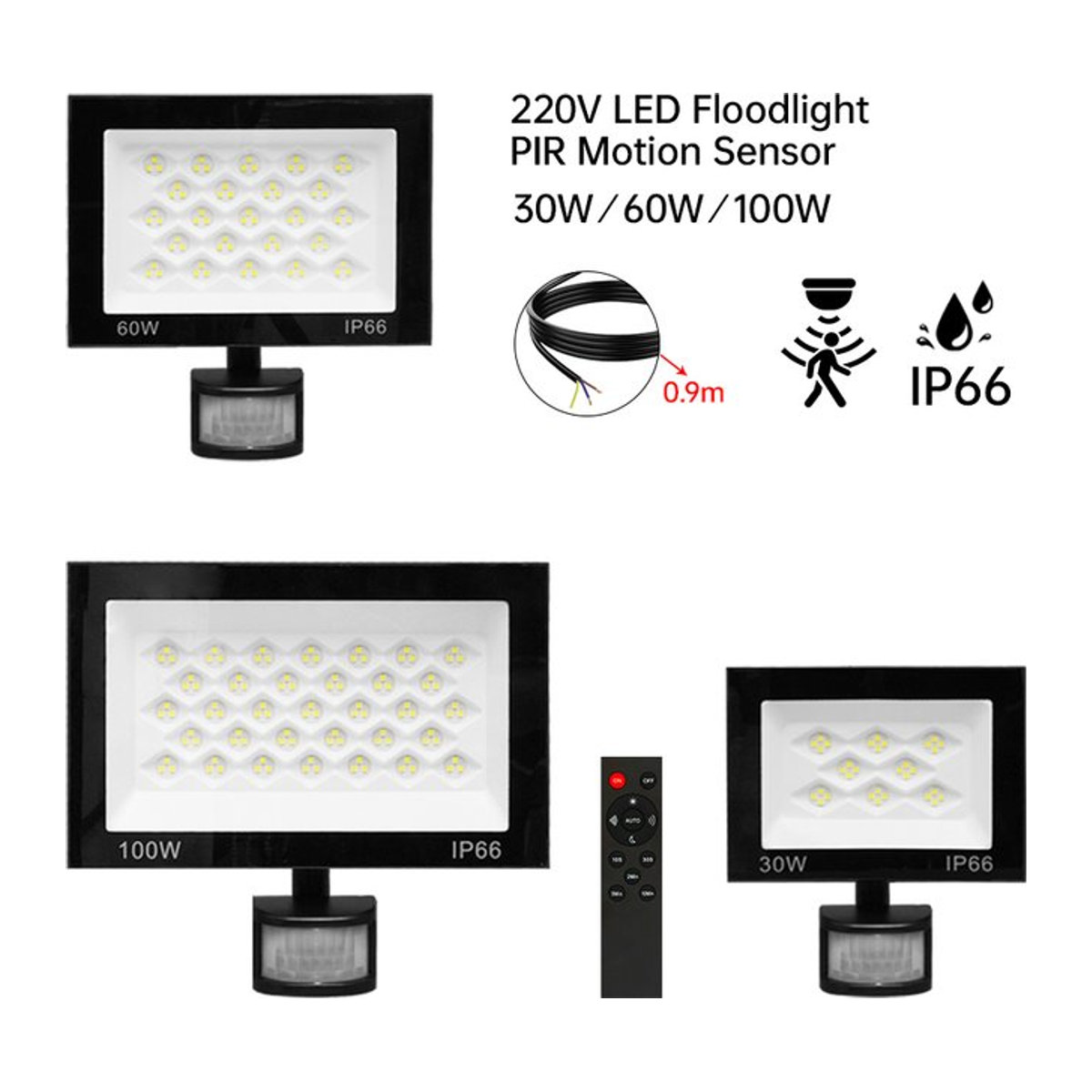 FastDeng LED Außenstrahler mit PIR-Bewegungsmelder und Fernbedienung, 100 W, Schwarz, Wasserdicht - Bild 1