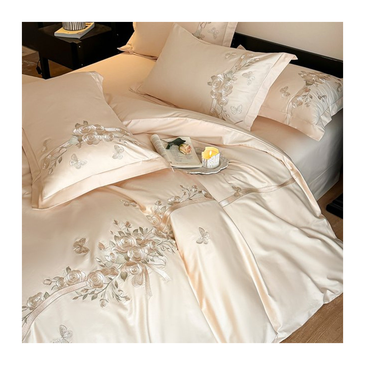 Fat Fairy HOME TEXTILE Bettwäsche-Set aus 100 % Baumwolle mit Rosen-Stickerei in Creme, 4-teilig für Queen-Size-Betten - Bild 1