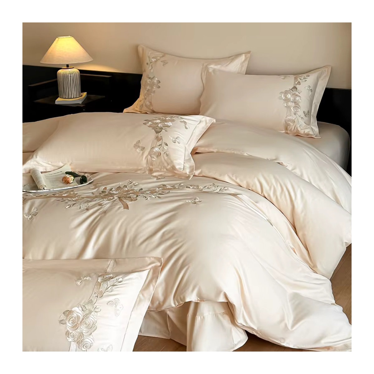 Fat Fairy HOME TEXTILE Bettwäsche-Set aus 100 % Baumwolle mit Rosen-Stickerei in Creme, 4-teilig für Queen-Size-Betten - Bild 3