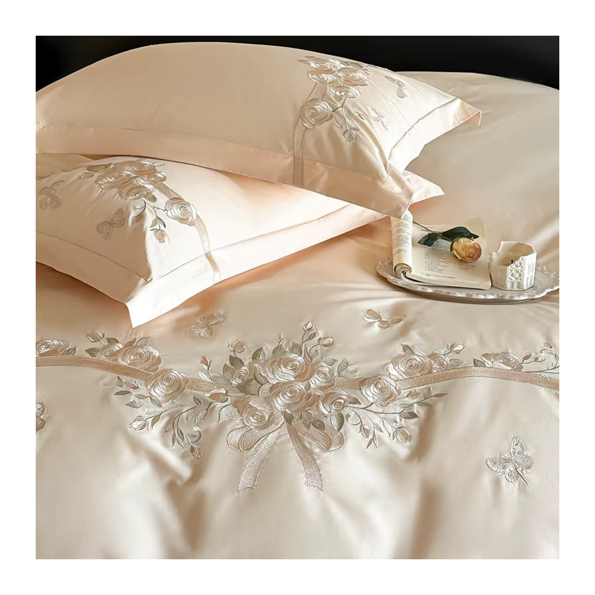 Fat Fairy HOME TEXTILE Bettwäsche-Set aus 100 % Baumwolle mit Rosen-Stickerei in Creme, 4-teilig für Queen-Size-Betten - Bild 4
