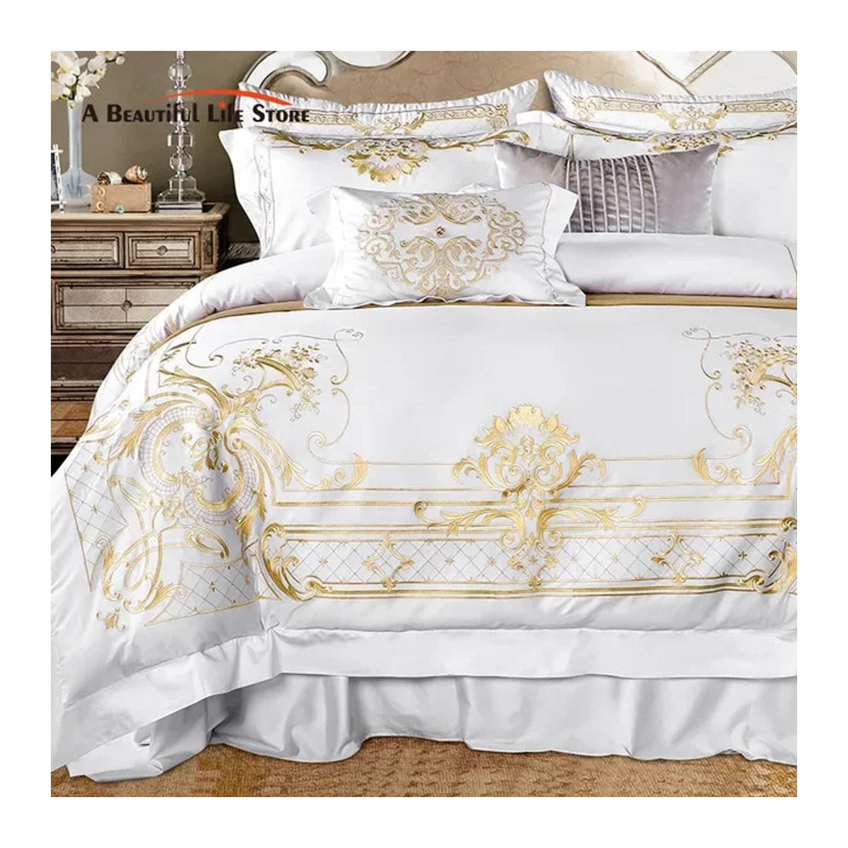 Fat Fairy HOME TEXTILE Bettwäsche-Set aus ägyptischer Baumwolle mit goldener Stickerei in Weiß, 4-teilig oder 7-teilig - Bild 1