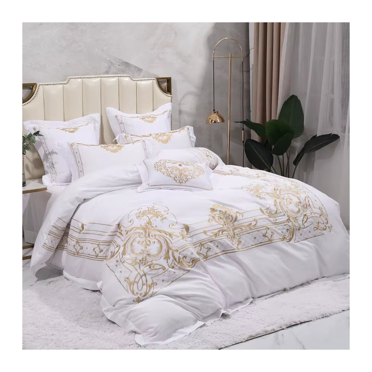 Fat Fairy HOME TEXTILE Bettwäsche-Set aus ägyptischer Baumwolle mit goldener Stickerei in Weiß, 4-teilig oder 7-teilig - Bild 3