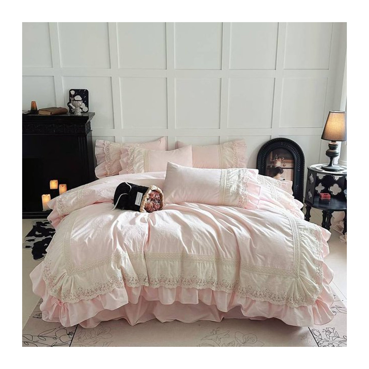 Fat Fairy HOME TEXTILE Bettwäsche Set Rosa mit Spitze und Rüschen aus 100 % Baumwolle, 4-teilig - Bild 1