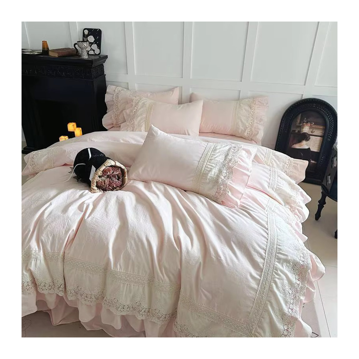 Fat Fairy HOME TEXTILE Bettwäsche Set Rosa mit Spitze und Rüschen aus 100 % Baumwolle, 4-teilig - Bild 2