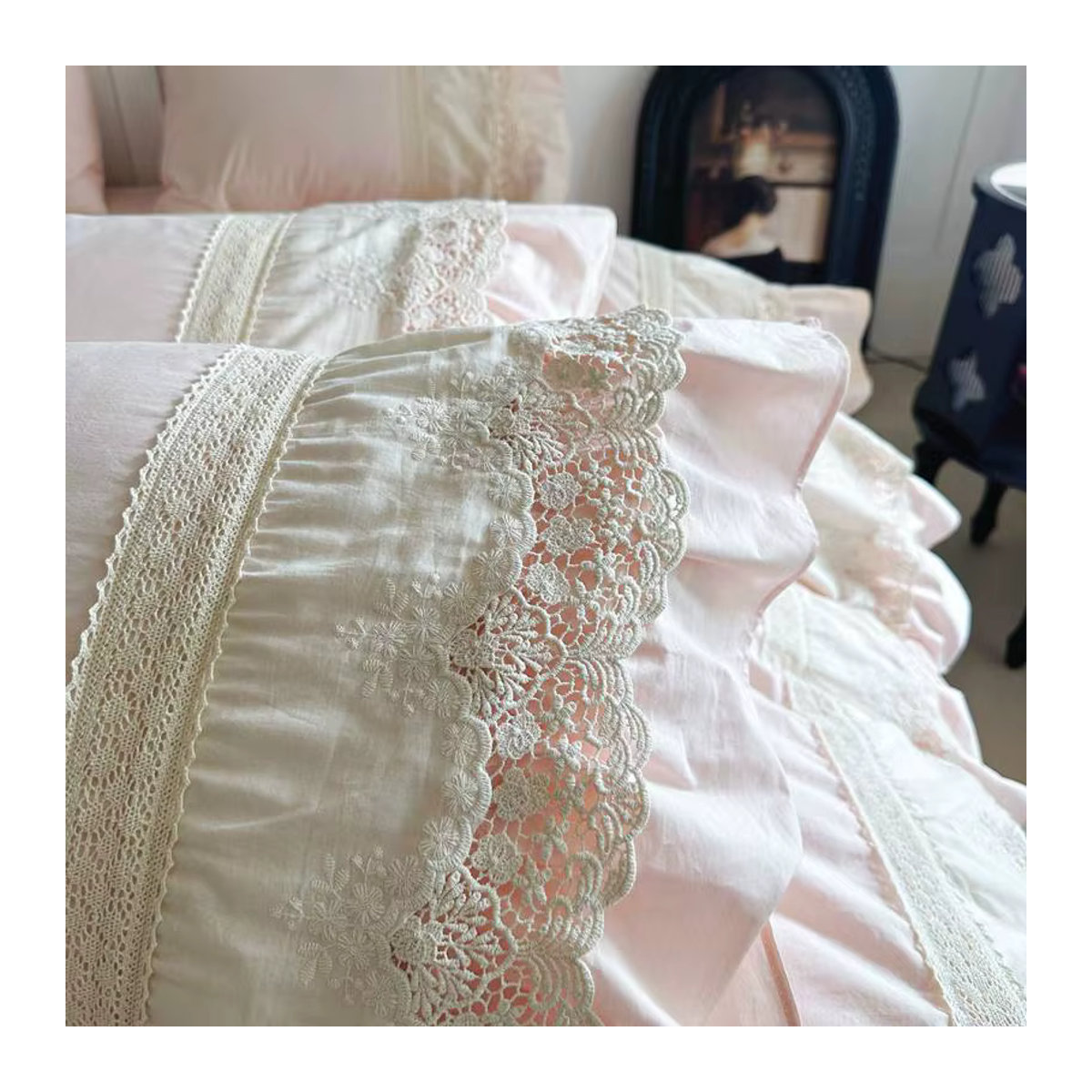 Fat Fairy HOME TEXTILE Bettwäsche Set Rosa mit Spitze und Rüschen aus 100 % Baumwolle, 4-teilig - Bild 4