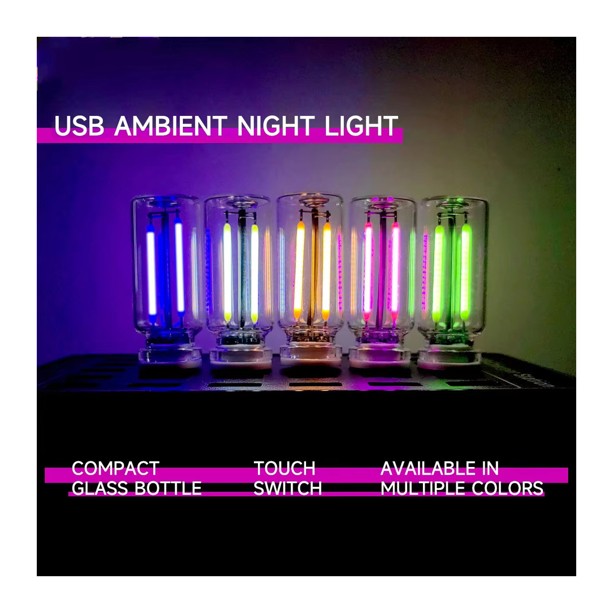Fccemc Tragbares USB-Touch-Nachtlicht aus Glas in Bunt, Minimalistisches LED-Plug-and-Play-Nachtlicht für Auto, Schlafzimmer und Camping - Bild 2