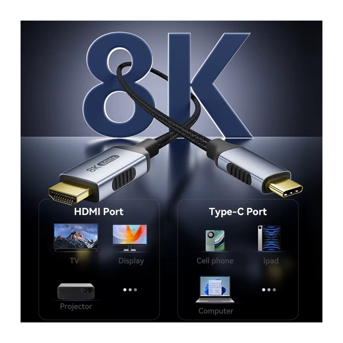 FDBOY USB-C auf HDMI Adapter Kabel in Grau für 8K@60Hz und 4K@120Hz mit 48Gbps und HDR zur Verbindung von Laptop und TV - Bild 2