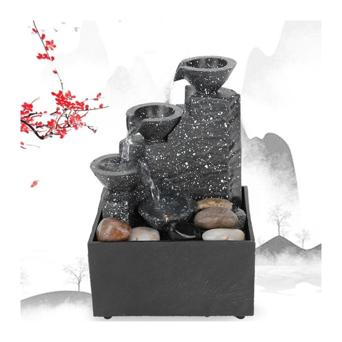 Fdit Kaskaden-Wasserbrunnen für Schreibtisch und Home Office, modernes Design aus Polyresin in Schwarz mit LED-Beleuchtung - Bild 1