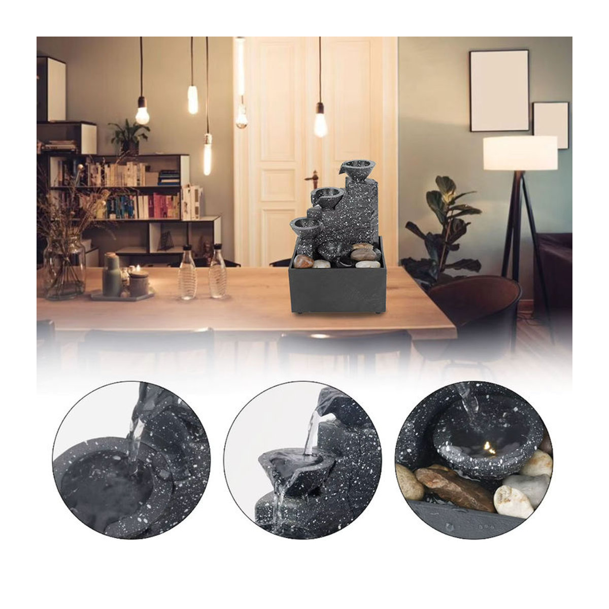 Fdit Kaskaden-Wasserbrunnen für Schreibtisch und Home Office, modernes Design aus Polyresin in Schwarz mit LED-Beleuchtung - Bild 2