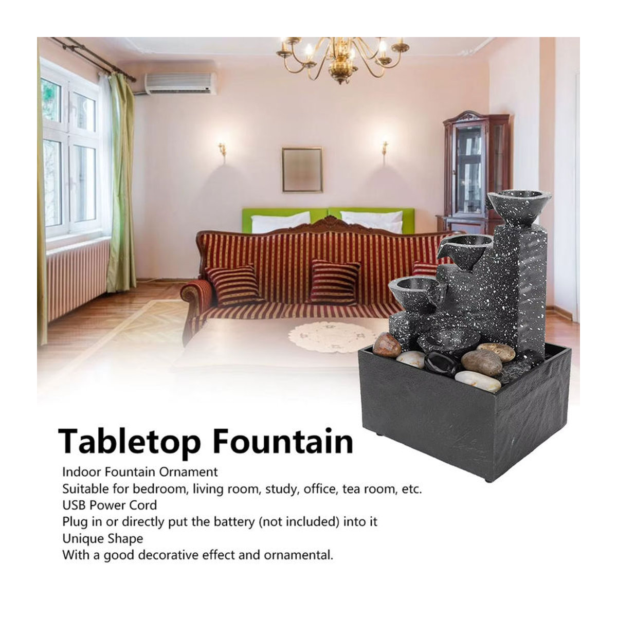 Fdit Kaskaden-Wasserbrunnen für Schreibtisch und Home Office, modernes Design aus Polyresin in Schwarz mit LED-Beleuchtung - Bild 3