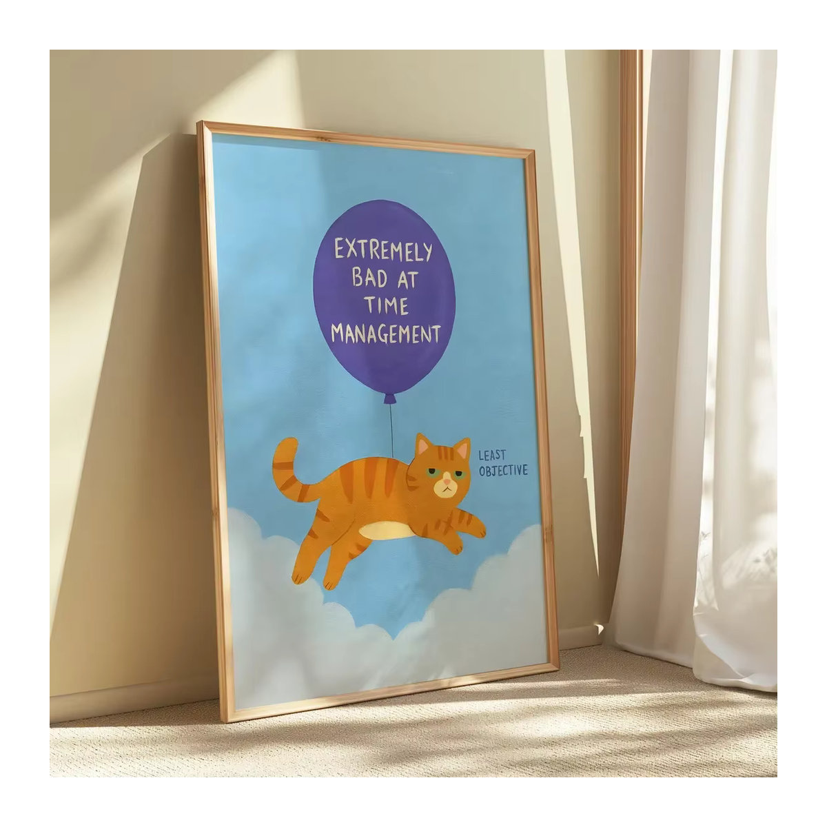 Featuri Wanddekoration aus Holz mit humorvoller Illustration einer orangefarbenen Tabby-Katze und lila Ballon, mehrfarbig - Bild 2
