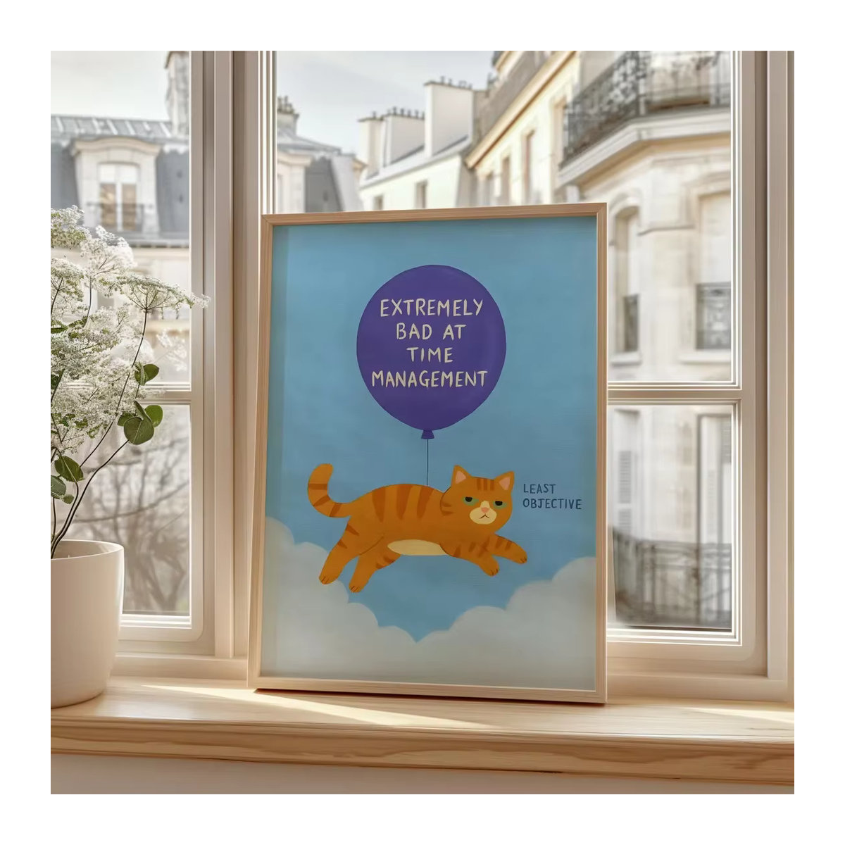 Featuri Wanddekoration aus Holz mit humorvoller Illustration einer orangefarbenen Tabby-Katze und lila Ballon, mehrfarbig - Bild 4
