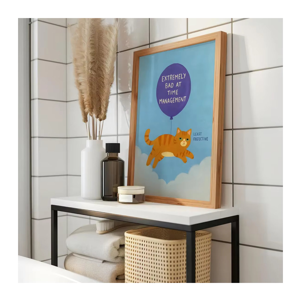 Featuri Wanddekoration aus Holz mit humorvoller Illustration einer orangefarbenen Tabby-Katze und lila Ballon, mehrfarbig - Bild 5