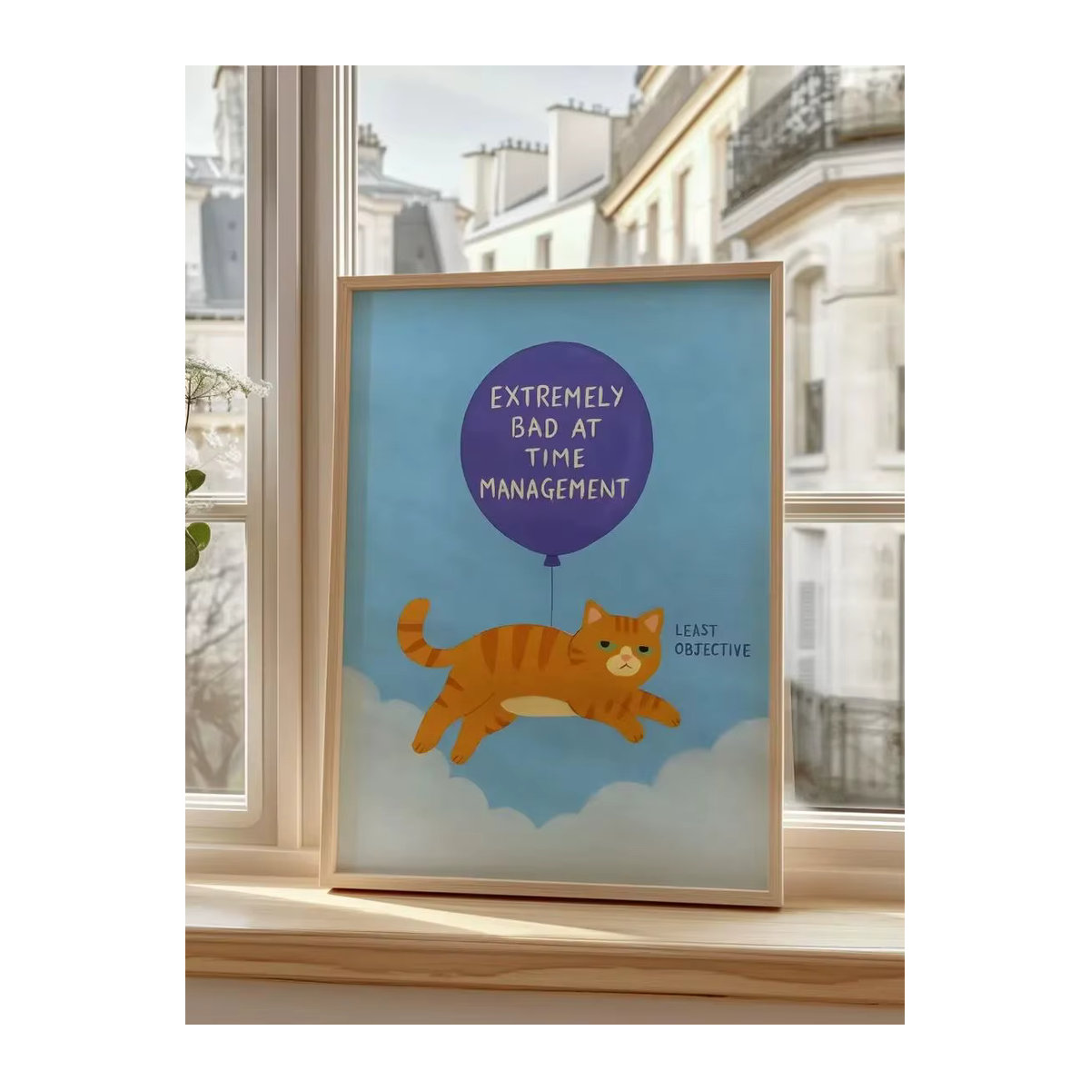 Featuri Wanddekoration aus Holz mit humorvoller Illustration einer orangefarbenen Tabby-Katze und lila Ballon, mehrfarbig - Bild 6