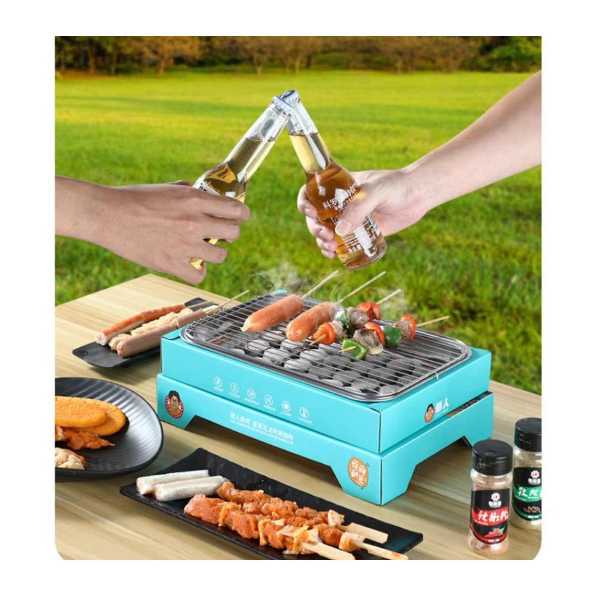 FEB.WIND Einweggrill aus Metall für Holzkohle, tragbares BBQ-Set für Camping und Picknick in Blau und Schwarz - Bild 4