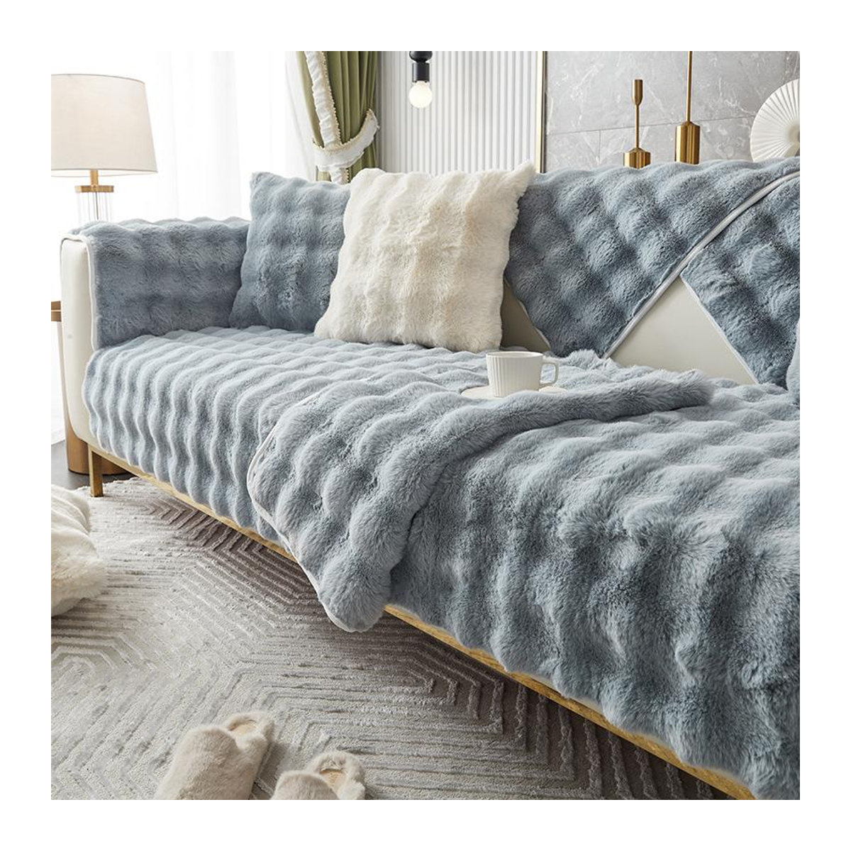 FebEr Kaninchen Plüsch Sofa Kissen in Grau, rutschfeste Sofa Abdeckung für den Winter, B/T/H: 90 x 70 cm - Bild 8