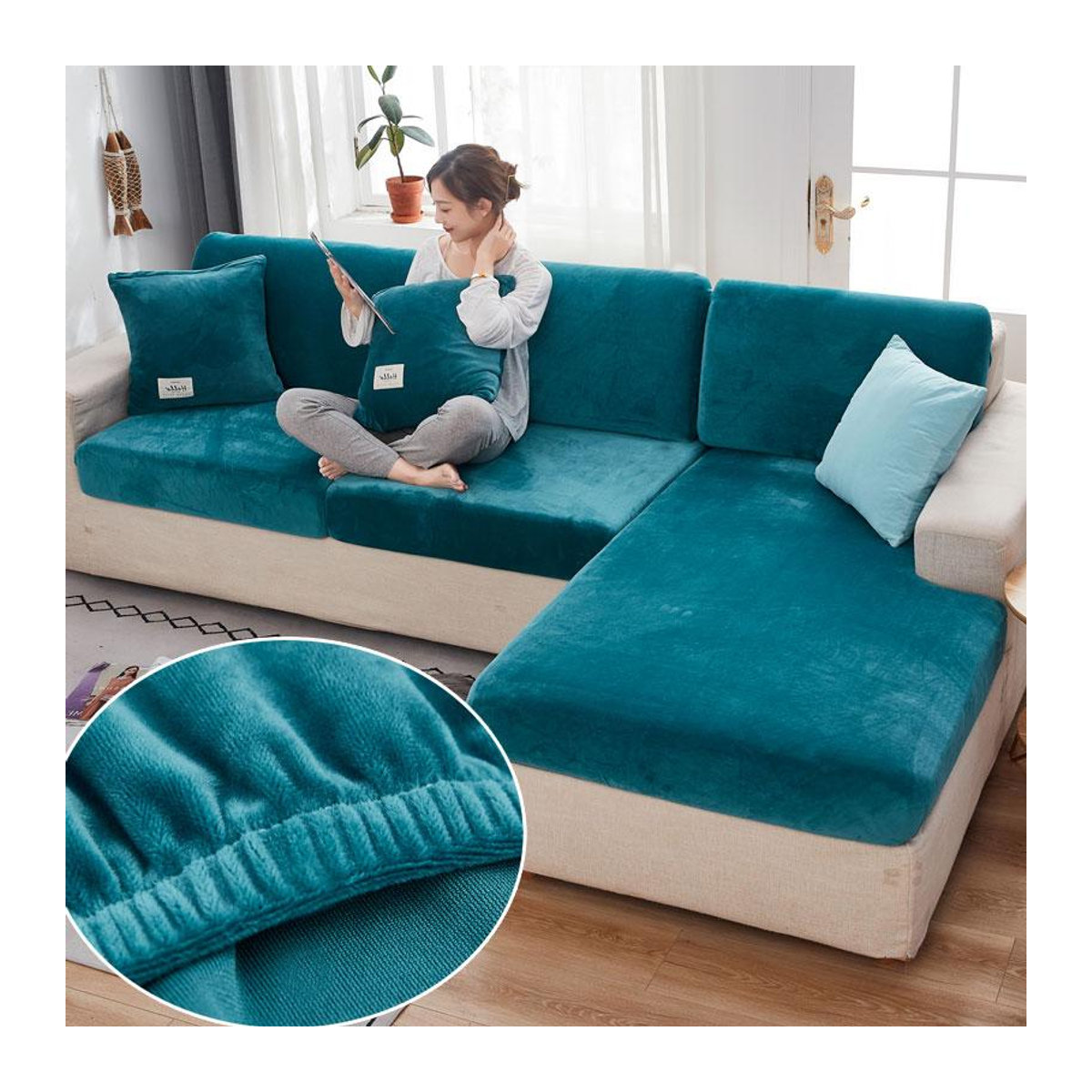 FebEr Samt-Sofa-Sitzbezug aus dickem Jacquard in Beige als weicher Stretch-Schonbezug zum Möbelschutz - Bild 1