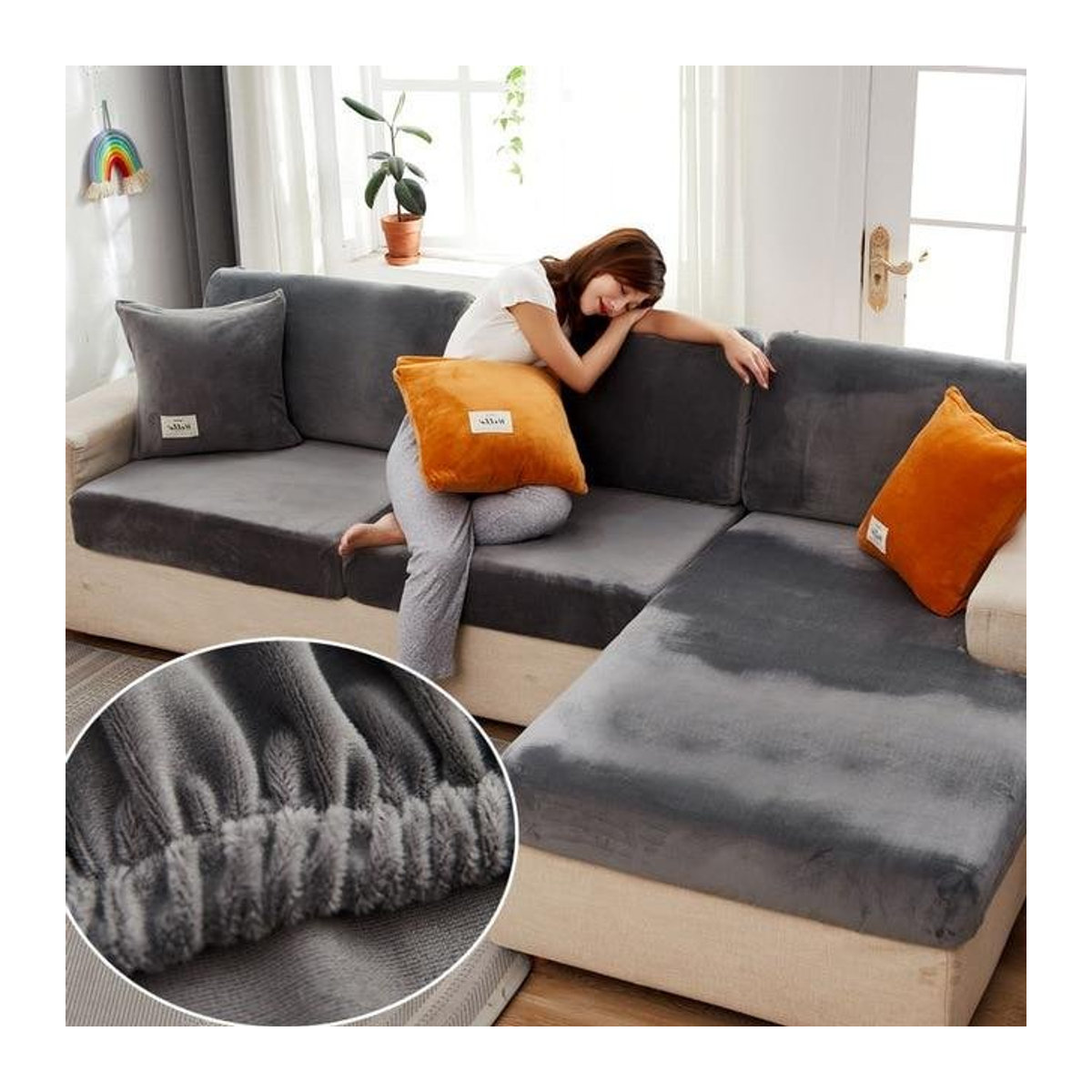 FebEr Samt-Sofa-Sitzbezug aus dickem Jacquard in Hellgrau mit weichem Stretch-Material zum Möbelschutz - Bild 1