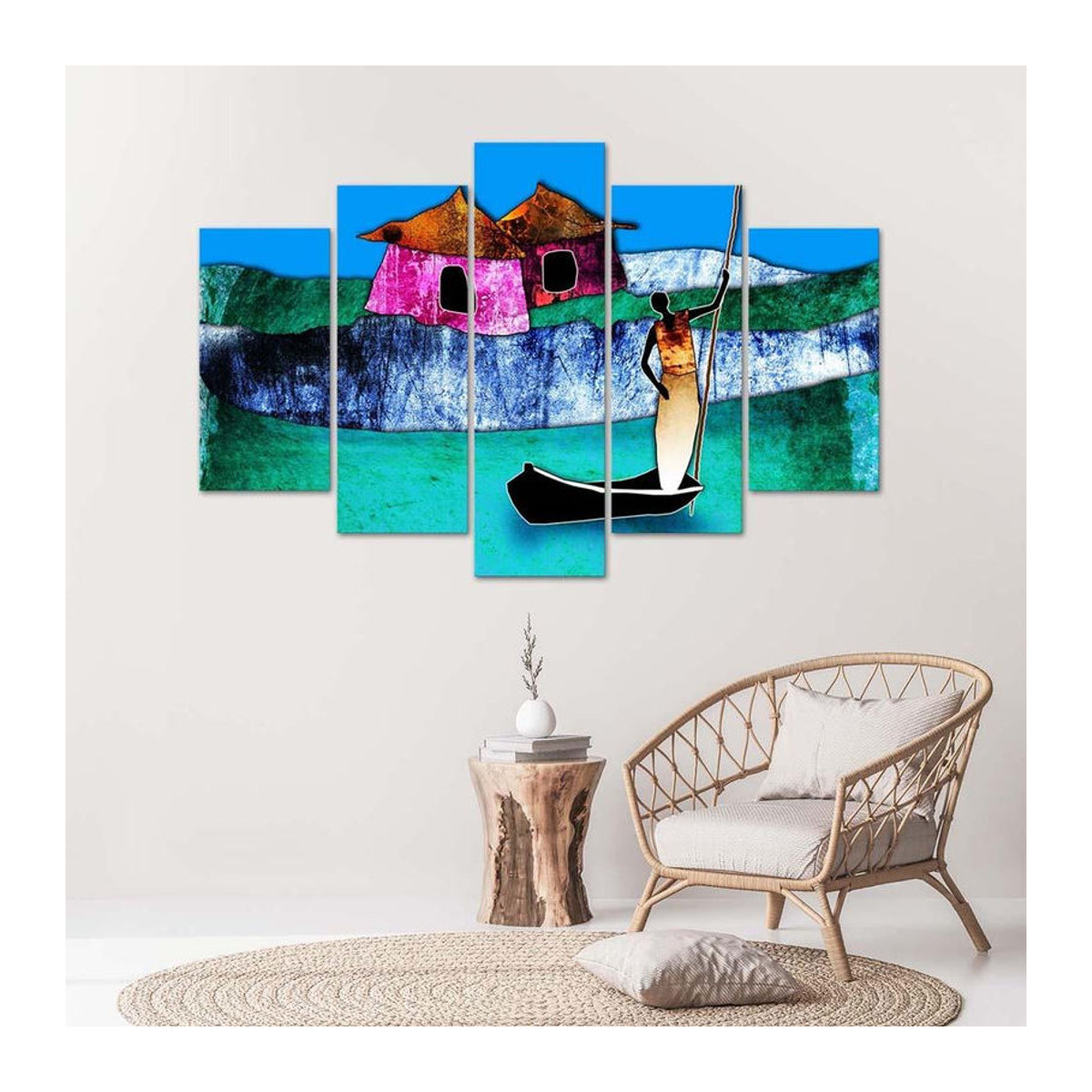 Feeby Leinwandbild Femme dans un bateau in fünf Teilen, Maritimes Motiv, Grün/Mehrfarbig, B: 100 cm, H: 70 cm - Bild 3