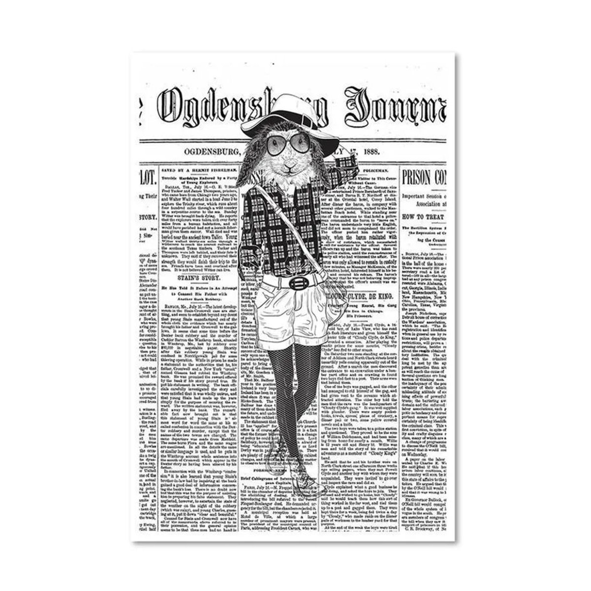 Feeby Leinwandbild Journal Rétro Hipster Lapin mit Hasen-Motiv in Schwarz-Weiß, B: 60 cm, H: 40 cm - Bild 1
