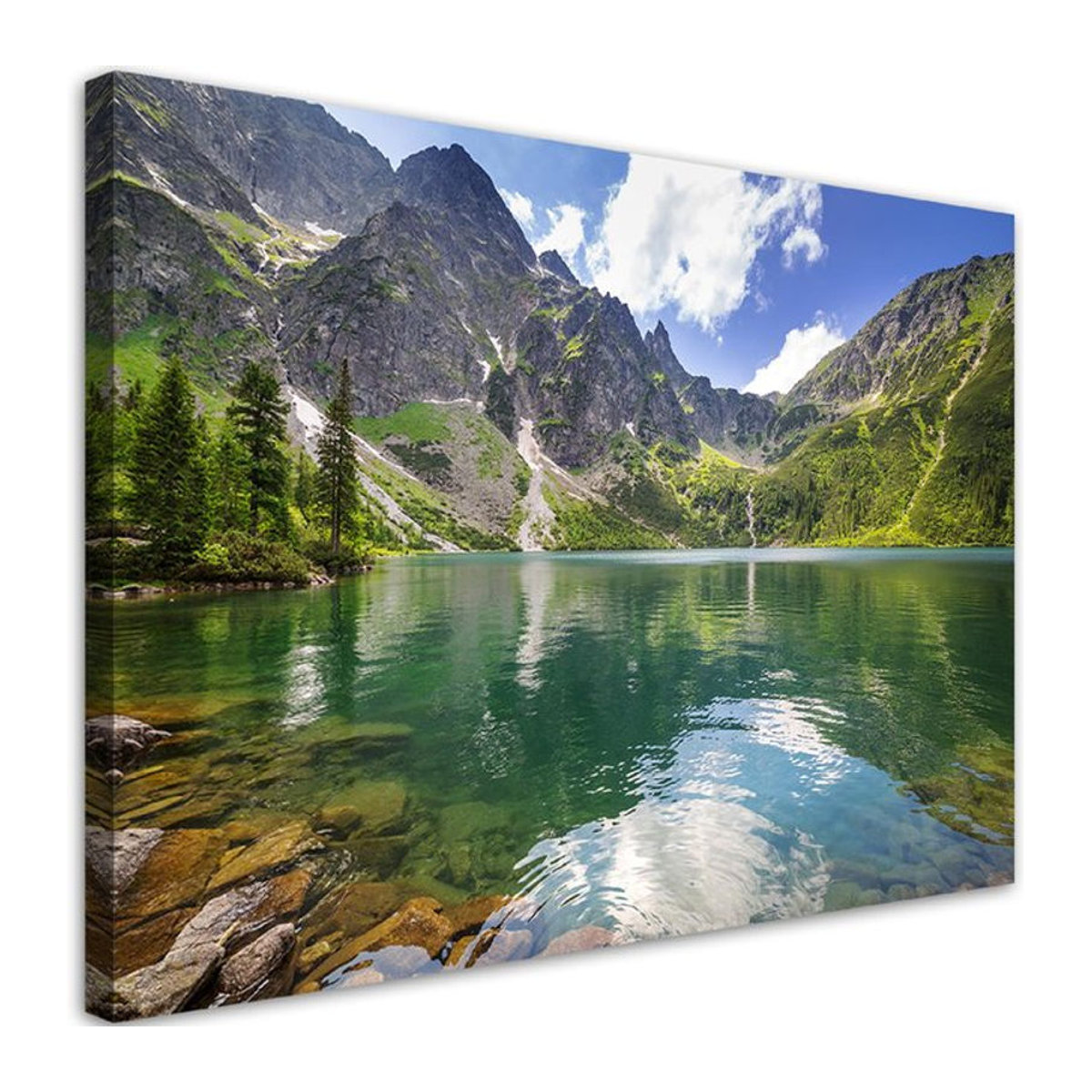 Feeby Leinwandbild Landschaft mit Bergsee und Bäumen, mehrfarbig, B: 60 cm, H: 40 cm - Bild 1