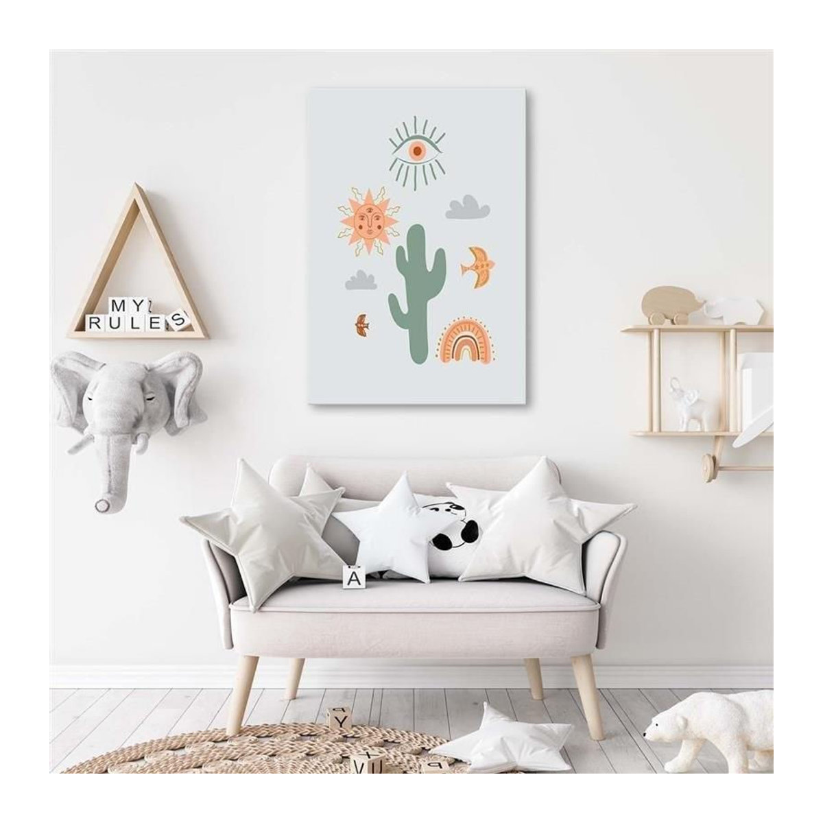 Feeby Leinwandprint Cactusplant und Wolken im Bohemian Stil, mehrfarbig, B: 60 cm, H: 40 cm - Bild 1