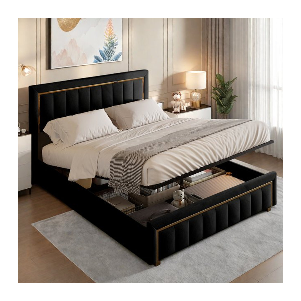 FEEOHOME Boxspringbett aus Samt mit Stauraum und Lattenrost, B/T: 140 x 200 cm, Beige oder Schwarz - Bild 1