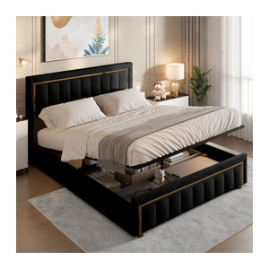 FEEOHOME Boxspringbett aus Samt mit Stauraum und Lattenrost, B/T: 140 x 200 cm, Beige oder Schwarz