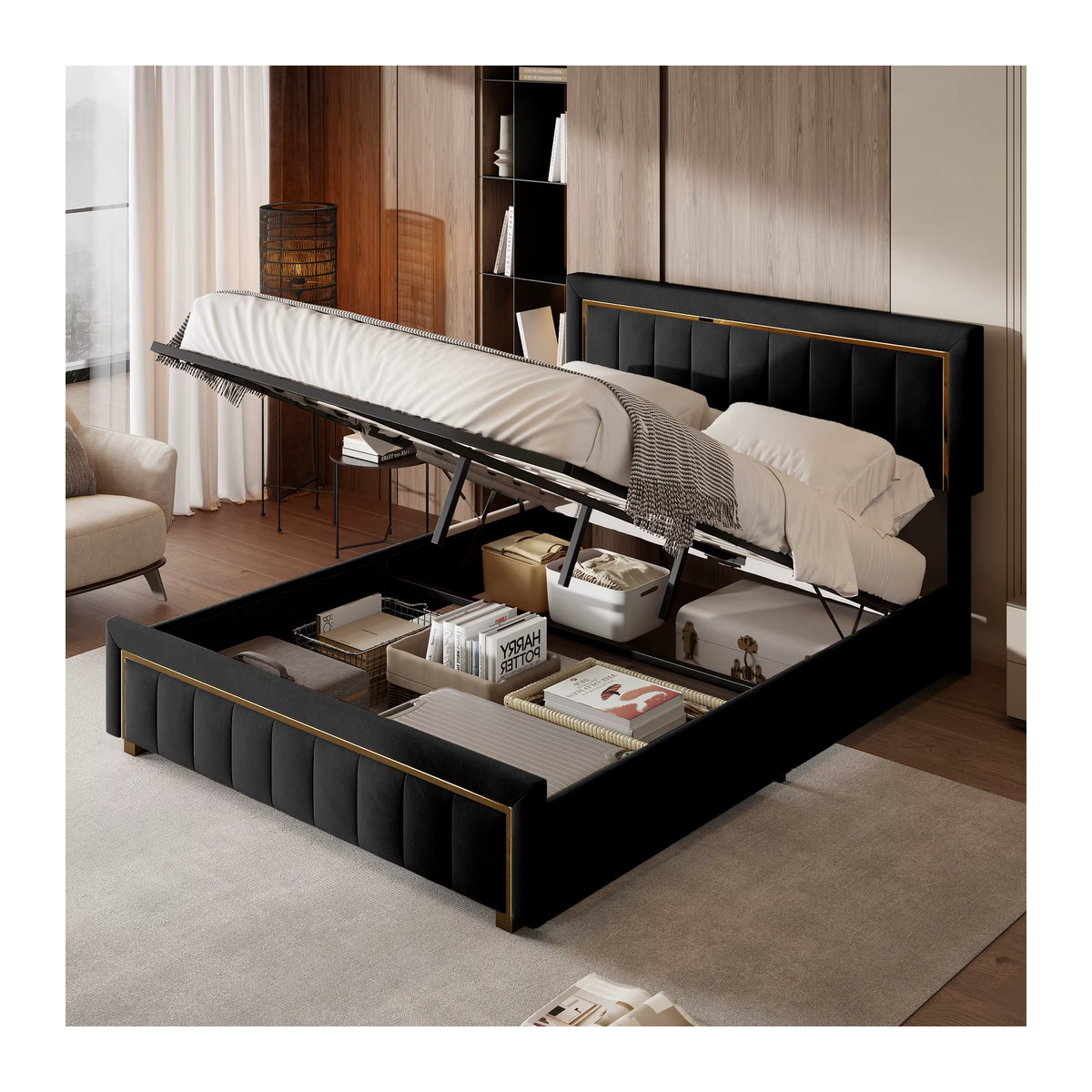 FEEOHOME Boxspringbett aus Samt mit Stauraum und Lattenrost, B/T: 140 x 200 cm, Beige oder Schwarz - Bild 3