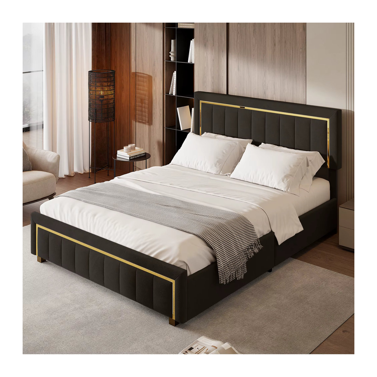 FEEOHOME Boxspringbett aus Samt mit Stauraum und Lattenrost, B/T: 140 x 200 cm, Beige oder Schwarz - Bild 4