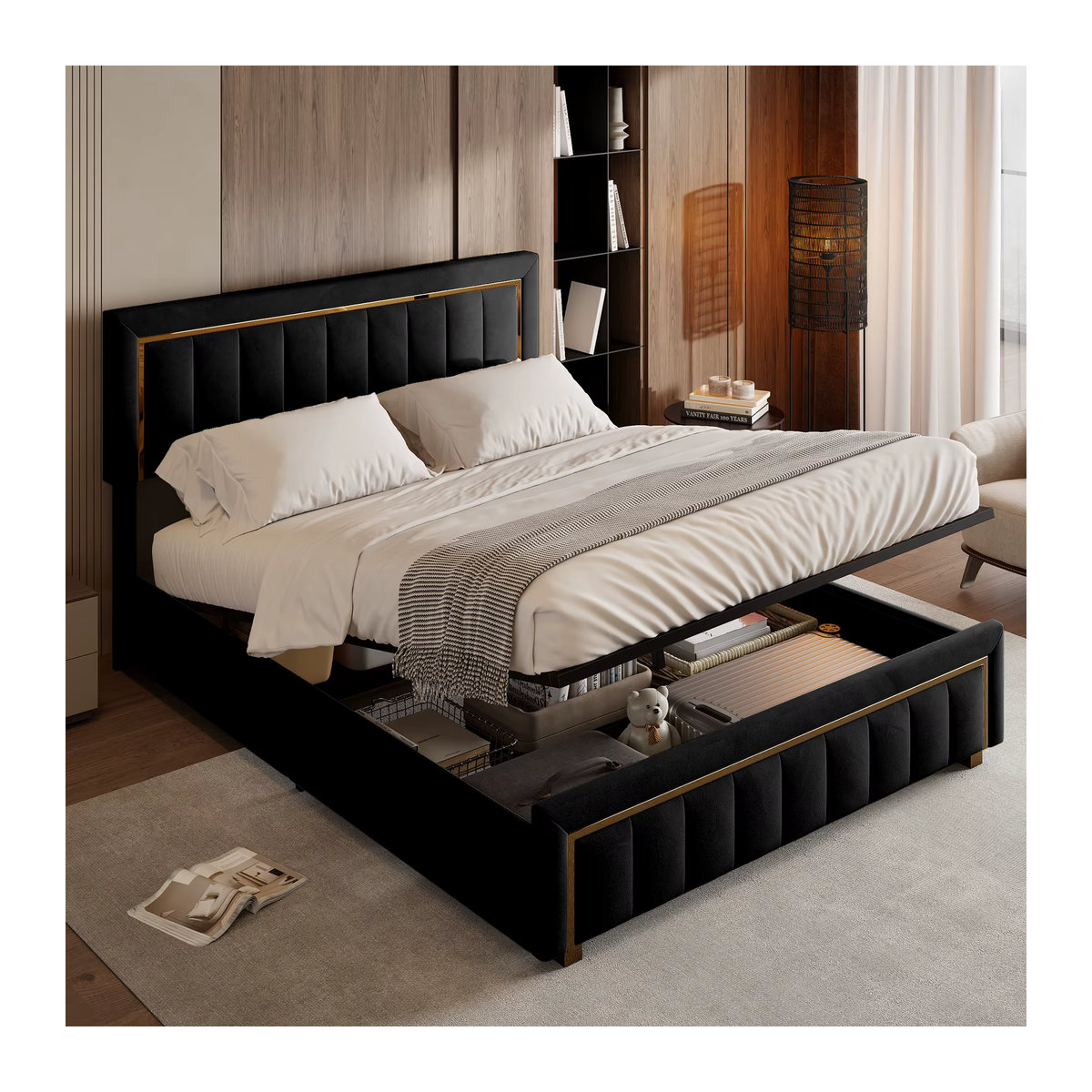 FEEOHOME Boxspringbett aus Samt mit Stauraum und Lattenrost, B/T: 140 x 200 cm, Beige oder Schwarz - Bild 5