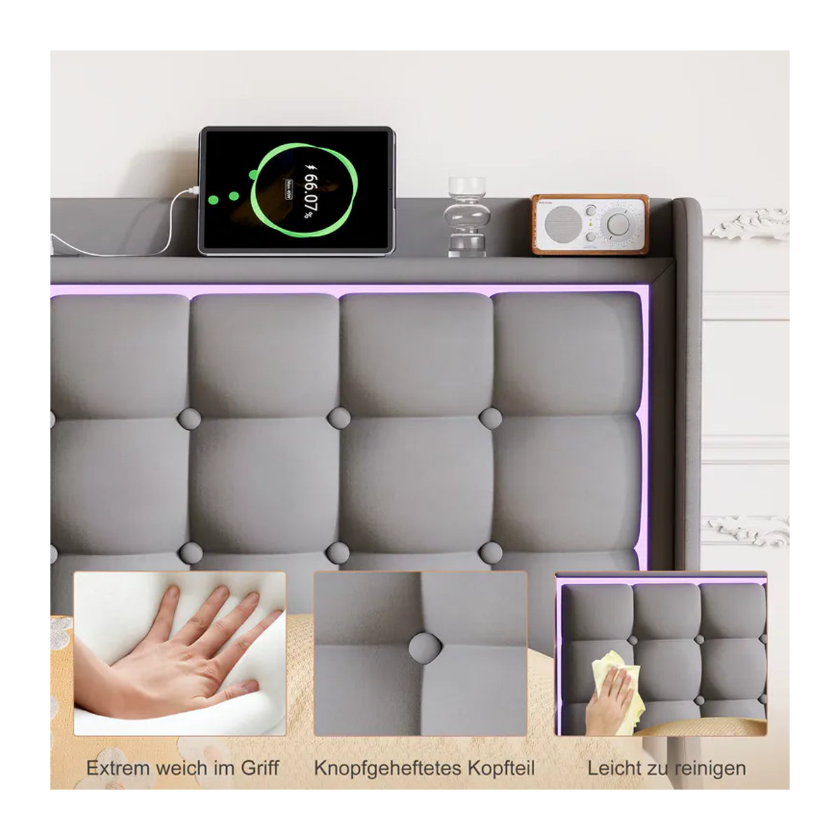 FEEOHOME Modernes Polsterbett aus Samt mit LED-Beleuchtung und USB, Schwebebett mit Lattenrost, B/T: 140 x 200 cm, Weiß/Grau/Anthrazit - Bild 1