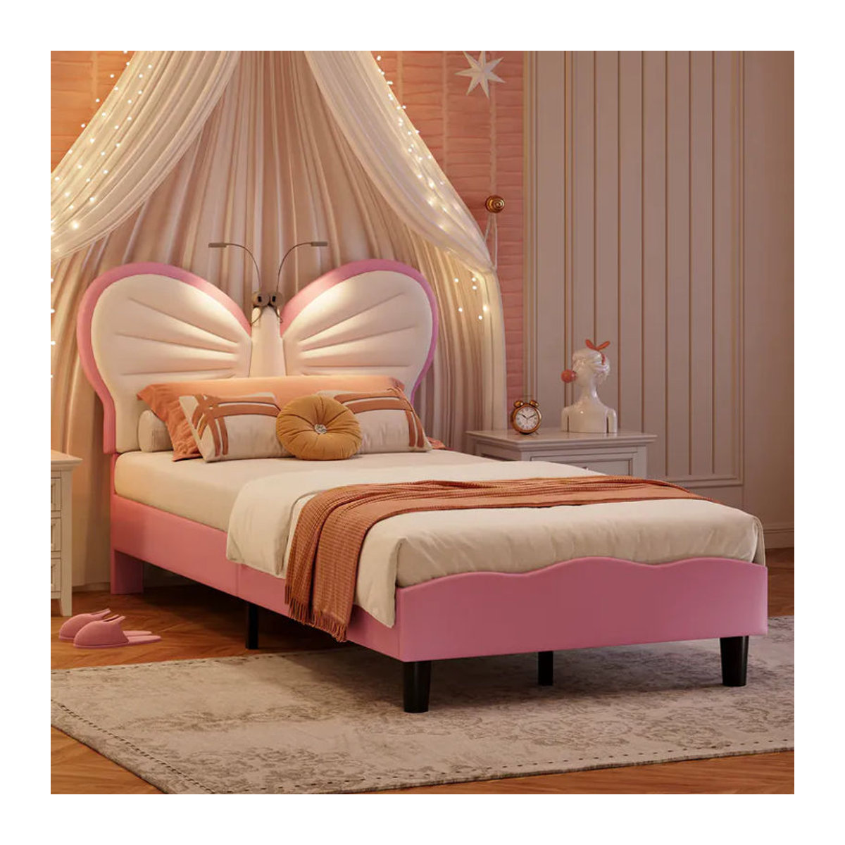 FEEOHOME Polsterbett aus Samt mit verstellbarem Kopfteil und Leselampe, Kinderbett und Jugendbett mit Lattenrost, B/T: 90 x 200 cm, erhältlich in Blau und Rosa - Bild 3