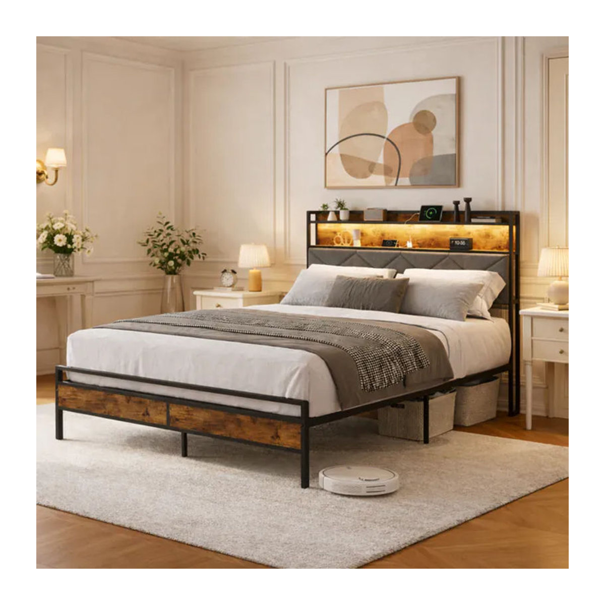 FEEOHOME Polsterbett Grau mit LED, Metall Lattenrost und Stauraum, Doppelbett B/T: 140 x 200 cm - Bild 1