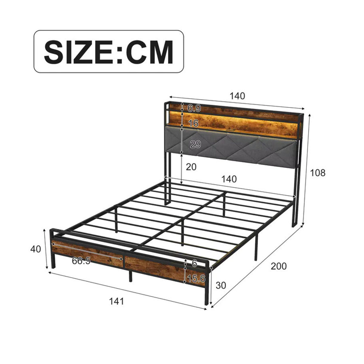 FEEOHOME Polsterbett Grau mit LED, Metall Lattenrost und Stauraum, Doppelbett B/T: 140 x 200 cm - Bild 2