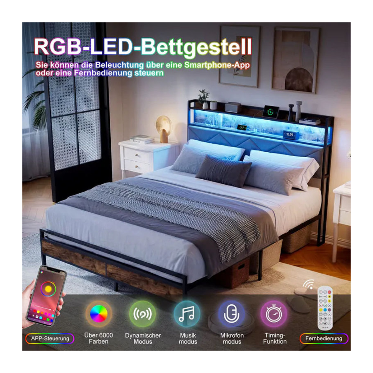 FEEOHOME Polsterbett Grau mit LED, Metall Lattenrost und Stauraum, Doppelbett B/T: 140 x 200 cm - Bild 3