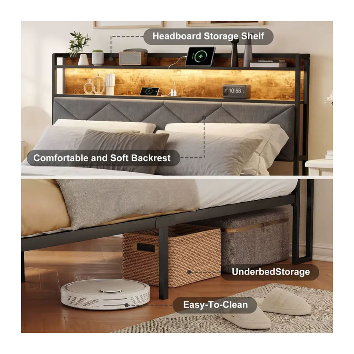 FEEOHOME Polsterbett Grau mit LED, Metall Lattenrost und Stauraum, Doppelbett B/T: 140 x 200 cm - Bild 4
