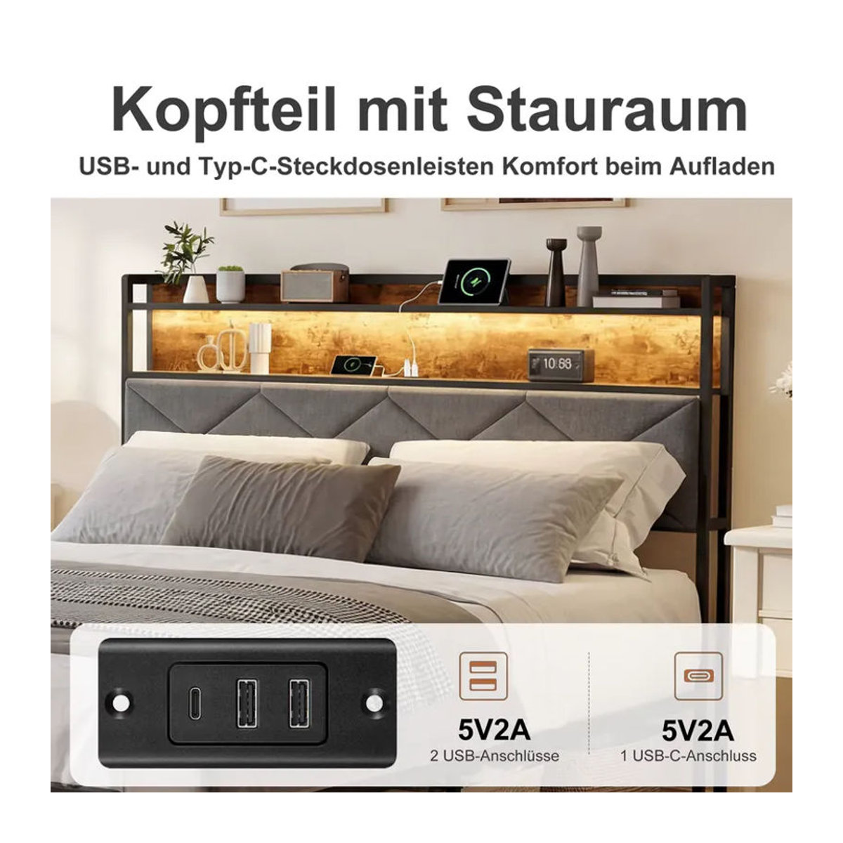 FEEOHOME Polsterbett Grau mit LED, Metall Lattenrost und Stauraum, Doppelbett B/T: 140 x 200 cm - Bild 5