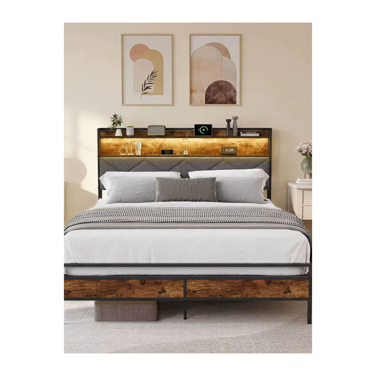 FEEOHOME Polsterbett Grau mit LED, Metall Lattenrost und Stauraum, Doppelbett B/T: 140 x 200 cm - Bild 6